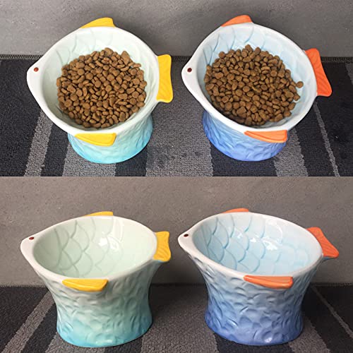  Raised Tilted Ceramic Cat Bowl - Cute Elevated Slanted Shallow Angled Cat Dish - Personalized Pet Feeder For Food Feeding - Ergonomic Anti Vomiting Whisker Fatigue - Size For Cat And Small Dog