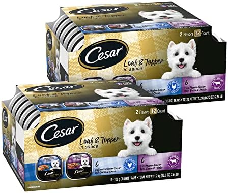  CESAR Soft Wet Dog Food Loaf In Sauce Rotisserie Chicken Flavor With Bacon & Cheese And Filet Mignon Flavor With Bacon & Potato Variety Pack, (24) 3.5 Oz. Easy Peel Trays