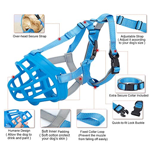  Dog Muzzle, Soft Silicone Basket Muzzle For Dogs, Allows Panting And Drinking, Prevents Unwanted Barking Biting And Chewing, Included Collar And Training Guide
