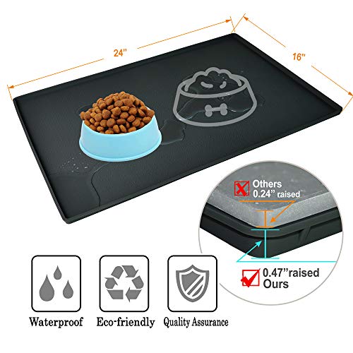  Gosmol Dog Food Mat 24 X 16 Inch, 0.5 Inch Raised Edge Waterproof Pet Dog Food Tray, Washable Dog Bowl Mat, Nonslip Pet Dog Feeding Mat, Silicone Dog Placemat For Floors