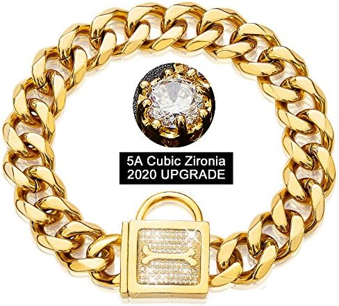  PRADOG Gold Chain Dog Collar With Zirconia Buckle Stainless Steel Chain Collars Cuban Link Dog Collar Designer Bling Puppy Necklace (10mm, 18")