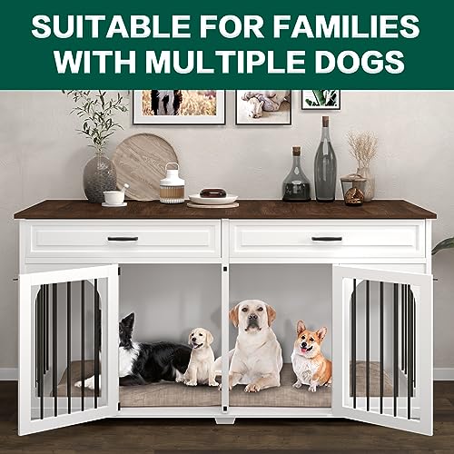  74.8" L*29.5" D*37.1" H Extra Large Dog Crate Furniture For 2 Dogs,Wooden Double Dog Crates Kennel Cage Furniture Style For Large Breed Dogs With Divider Drawers And Locks,White