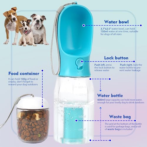  MORMIUKII Dog Water Bottles,Portable Dog Water Bottle With Food Container & Poop Bags,Leak Proof Dog Travel Water Bottle For Walking,Hiking,Travel,BPA-Free & Ligthtwight（20oz）(Blue)
