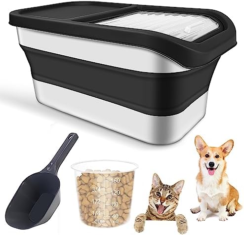  Collapsible 13LB Dog Food Storage Container With Transparent Sliding Lid,Pet Moisture-Proof Folding Rice Plastic Bin With Measuring Cup And Scoop Suitable For Storing Oat Millet Macaroni Corn（Khaki）