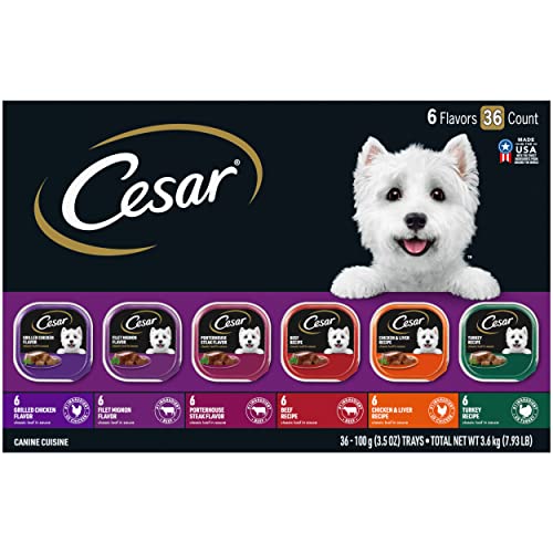  CESAR Wet Dog Food Classic Loaf In Sauce Grilled Chicken, Filet Mignon, Porterhouse Steak, Beef, Chicken & Liver And Turkey Variety Pack (36) 3.5 Oz. Easy Peel Trays
