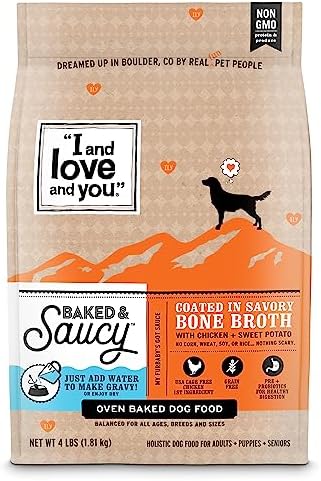  "I And Love And You" Baked And Saucy Dry Dog Food With Gravy Coating, Chicken And Sweet Potato Recipe, Grain Free, Coated In Bone Broth, Prebiotics And Probiotics, Real Meat, No Fillers, 4 Lb Bag