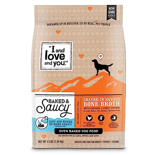  "I And Love And You" Baked And Saucy Dry Dog Food With Gravy Coating, Chicken And Sweet Potato Recipe, Grain Free, Coated In Bone Broth, Prebiotics And Probiotics, Real Meat, No Fillers, 4 Lb Bag