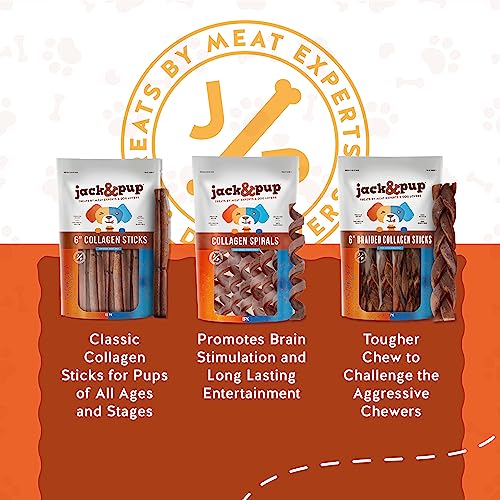  Jack&Pup 6" Braided Beef Collagen Sticks For Dogs - Rawhide Free Dog Chews Long Lasting Collagen Chews For Dogs - Bully Sticks Alternative (8 Pack)