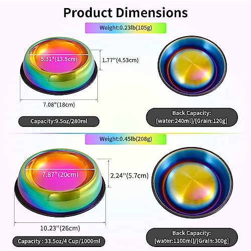  LEOWOW Rainbow Color Stainless Steel Cat Bowl Water & Feeder Bowls 2 In 1 Slow Feed Bowl For Small/Medium Cats/Dogs With Non-Skid Rubber Base, 9.5 Oz /280ml Capacity Each (Set Of 2)