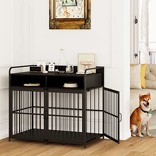  Saudism Dog Crate For Large Dogs, Black Furniture Dog Crate, Large Dog Kennel Indoor, Heavy Duty Wood Dog Cage Table With Drawers Storage, Sturdy Metal, Inner Size: 39.4" L X 22.5" W X 23.3" H
