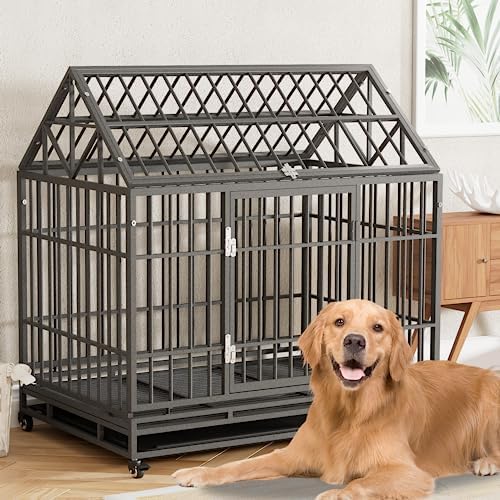  48 Inch Heavy Duty Dog Crate Dog Cage, High Anxiety Indestructible Dog Crate, Metal Kennels And Crates For Large Dogs, Open Top Door Stackable Pet Playpen Cage W/Floor Grid, XXL Dog Crate (Silver)