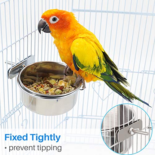  Kalevel 2 Sizes Bird Feeding Dish Cups Stainless Steel Parrot Food Bowls Water Feeder With Clamp Holder For Caged Animals (B Set)