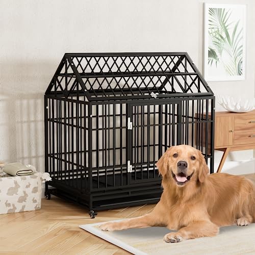  Tuanlove 48" Dog Crate Heavy Duty Indestructible Dog Crate, High Anxiety Dog Crate With Lockable Wheels Double Doors & Locks Design, Removable Tray Design, Upgraded (Silver)