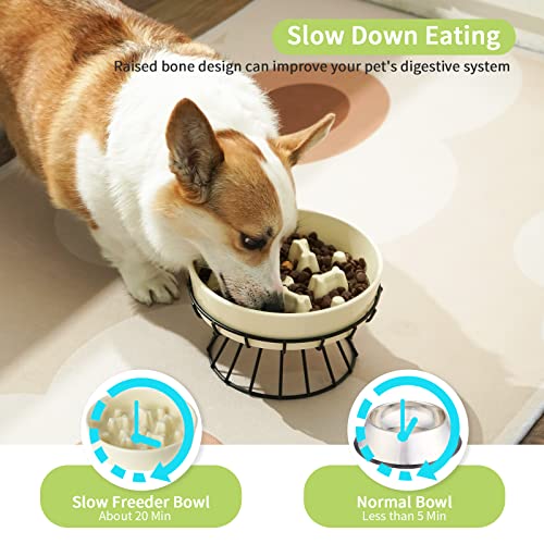  8.25'' Ceramic Slow Dog Bowl With Elevated Metal Stand, 1.75 Cups Non-Slip Puzzle Raised Dog Bowl Feeder, Slow Down Eating Anti-Choking Food Bowl Dish For Small And Medium & Large Dogs - Beige Color