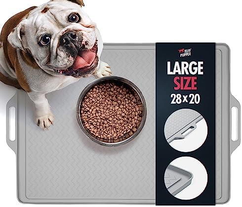 Tuff Pupper 28x20 Large Waterproof Pet Feeding Mat | Raised Edges Prevent Spills | Easy Clean Dishwasher Safe | Holds Food & Water Mess From Floor | Non Slip Silicone Base | Dogs & Cats Silicone Tray