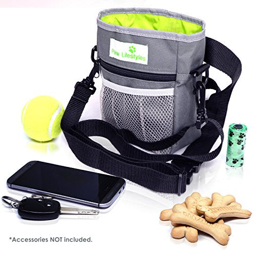  Paw Lifestyles – Dog Treat Training Pouch – Easily Carries Pet Toys, Kibble, Treats – Built-In Poop Bag Dispenser – 3 Ways To Wear – Grey