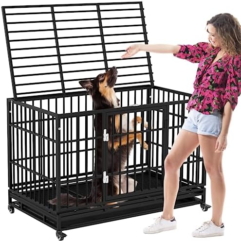  48 Inch Heavy Duty Dog Crate Dog Cage, High Anxiety Indestructible Dog Crate, Metal Kennels And Crates For Large Dogs, Open Top Door Stackable Pet Playpen Cage W/Floor Grid, XXL Dog Crate (Silver)