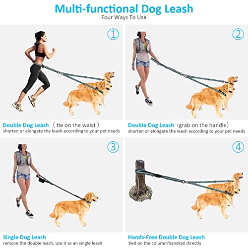  PHILORN Hands-Free Double Dog Leash 110lbs Comfortable Shock Absorbing Reflective Bungee For 2 Dogs Walking Training 66-84 Inch Adjustable No Tangle Dual Dog Leash With Pouch 2 Handles (Black)