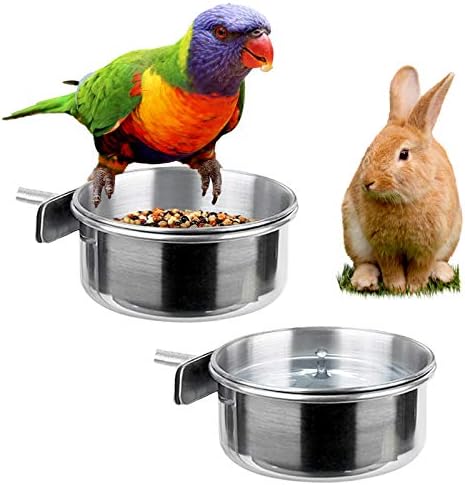  Kalevel 2 Sizes Bird Feeding Dish Cups Stainless Steel Parrot Food Bowls Water Feeder With Clamp Holder For Caged Animals (B Set)