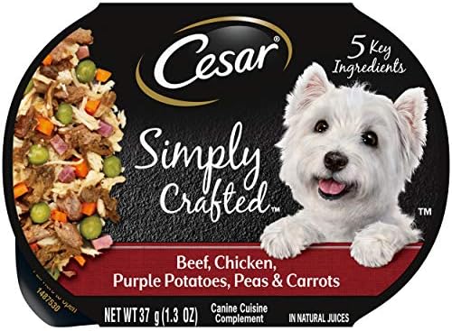  CESAR Simply Crafted Adult Wet Dog Food Meal Topper, Beef, Chicken, Purple Potatoes, Peas & Carrots, (10) 1.3 Oz. Tubs