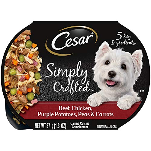  CESAR Simply Crafted Adult Wet Dog Food Meal Topper, Beef, Chicken, Purple Potatoes, Peas & Carrots, (10) 1.3 Oz. Tubs
