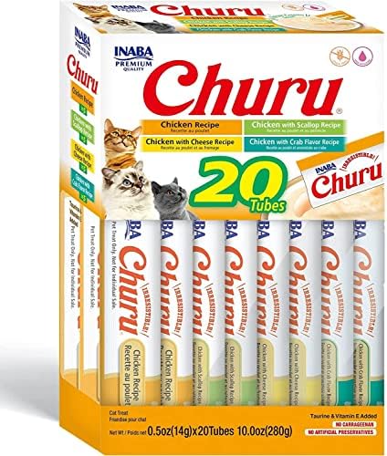  INABA Churu Cat Treats, Grain-Free, Lickable, Squeezable Creamy Purée Cat Treat/Topper With Vitamin E & Taurine, 0.5 Ounces Each Tube, 20 Tubes, Tuna & Seafood Variety Box