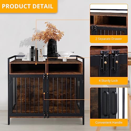  Karl Home Wooden Medium/Small Furniture Style Dog Crates With Storage And Anti-chew Features, Decorative Modern Double Doors Dog Kennel Indoor Use For Living Room, 38.6" L×23.6" W×31.5" H