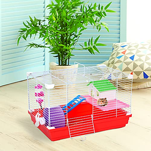  PawHut 18.5" Hamster Cage With Exercise Wheel And Water Bottle, Dish, Rat House And Habitat 2-Story Design, Red