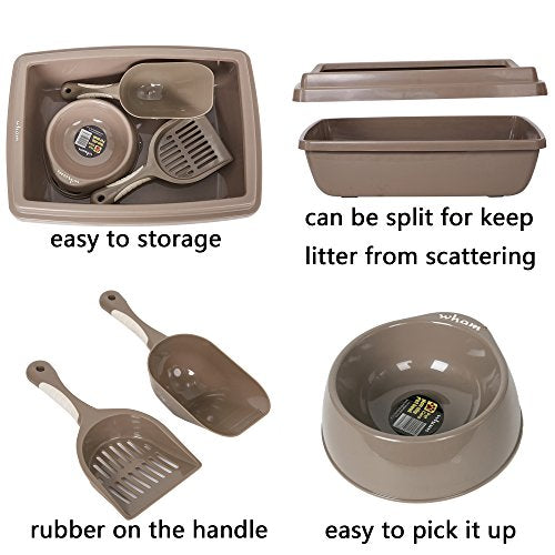  Lucky Tree 3 Color Cat Litter Pan Litter Box Plastic Cat Food Bowl With Scoop Shovel, 4Pcs Pet Supplies Set For Cats