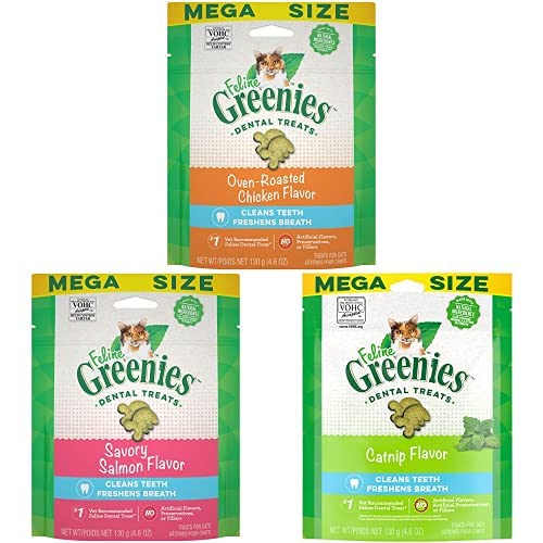  Greenies Feline Adult Natural Dental Care Cat Treats Bundle- Oven Roasted Chicken, Savory Salmon And Catnip Flavored 4.6 Oz. Pouch