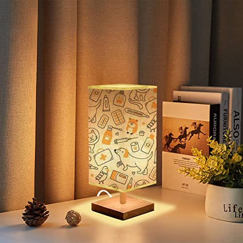  Bedside Lamps Veterinary Seamless With Pets Medicines And Food A Cat In A Collar And Reading Nightstand Lamp, Minimalist Wood Base Rectangular Fabric Shade Table Lamp For Bedroom Living Room