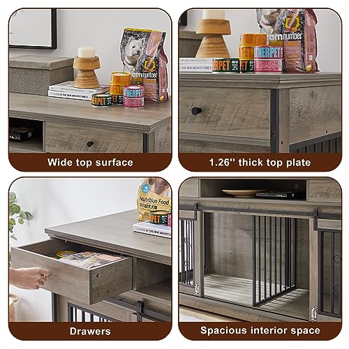 Tmsan Large Dog Crate Furniture, 66" Heavy Duty Wood Dog Kennel With Divider & Drawers, Indoor Dog House Cage For 2 Medium Dogs, End Table TV Stand