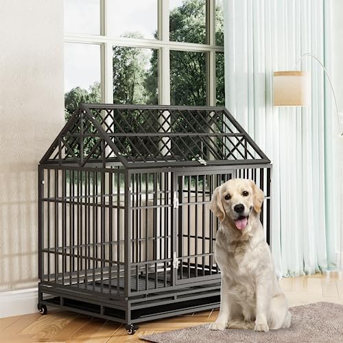  Tuanlove 48" Dog Crate Heavy Duty Indestructible Dog Crate, High Anxiety Dog Crate With Lockable Wheels Double Doors & Locks Design, Removable Tray Design, Upgraded (Silver)
