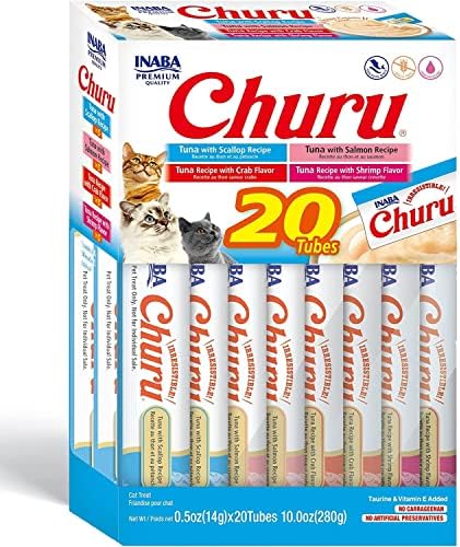 INABA Churu Cat Treats, Grain-Free, Lickable, Squeezable Creamy Purée Cat Treat/Topper With Vitamin E & Taurine, 0.5 Ounces Each Tube, 20 Tubes, Tuna & Seafood Variety Box