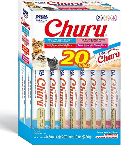  INABA Churu Cat Treats, Grain-Free, Lickable, Squeezable Creamy Purée Cat Treat/Topper With Vitamin E & Taurine, 0.5 Ounces Each Tube, 20 Tubes, Tuna & Seafood Variety Box