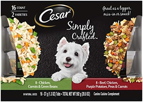  CESAR Simply Crafted Adult Soft Wet Dog Food Meal Topper Variety Pack, Chicken, Duck, Purple Potatoes, Pumpkin, Green Beans & Brown Rice And Chicken, Carrots, Barley & Spinach, (8) 1.3 Oz. Tubs