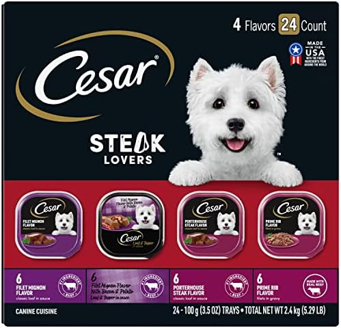 CESAR Soft Wet Dog Food Loaf In Sauce Rotisserie Chicken Flavor With Bacon & Cheese And Filet Mignon Flavor With Bacon & Potato Variety Pack, (24) 3.5 Oz. Easy Peel Trays