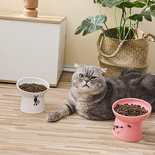  Tilted Ceramic Raised Cat Bowls, 8 OZ Food And Water Bowls Set For Kitty, 5 In Porcelain Elevated Stress Free Feeding Pet Dish, Dishwasher And Microwave Safe (White & Pink)