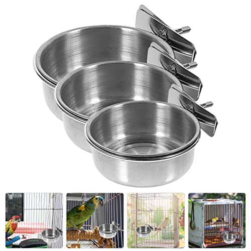  POPETPOP 3pcs Bird Feeding Dish Cups Stainless Steel Parrot Feeding Cups With Clamp Holder Animal Cage Water Food Bowl Bird Feeder Hanging For Cockatiel Parakeet Small Animal