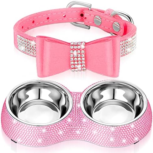  Gerrii 2 Pcs Pink Dog Cat Bowls And Small Puppy Collar Set For Cat And Dog, Pink Bling Cat Collars Rhinestones Stainless Steel Puppy Bowls Adjustable Bling Dog Collar (Light Purple, XS)