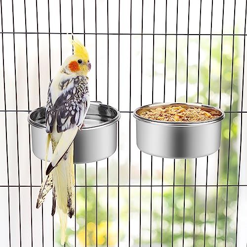  Wontee Pet Food Water Bowl With Clamp Holder Stainless Steel Feeding Cups Feeder For Dog Bird Parrot Cat Rabbit, 2 Packs (M)