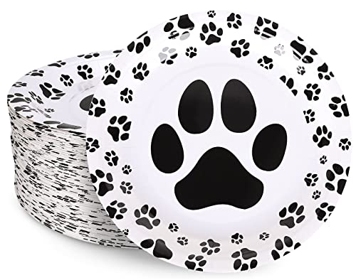 Whaline 50Pcs Dog Paw Paper Plates Disposable Cute Pet Paw Prints Plates 9 Inch Black White Party Tableware Plates For Dog Birthday Puppy Theme Party Pet Lover Supplies