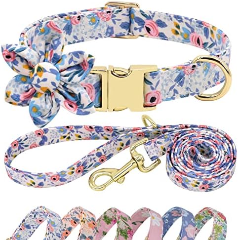  Beirui Cute Girl Dog Collar And Leash Set For Female Dogs- Floral Dog Collar With Flower For Small Medium Large Dogs Puppy, M:Neck 13-21", Leash 5FT, Purple-1
