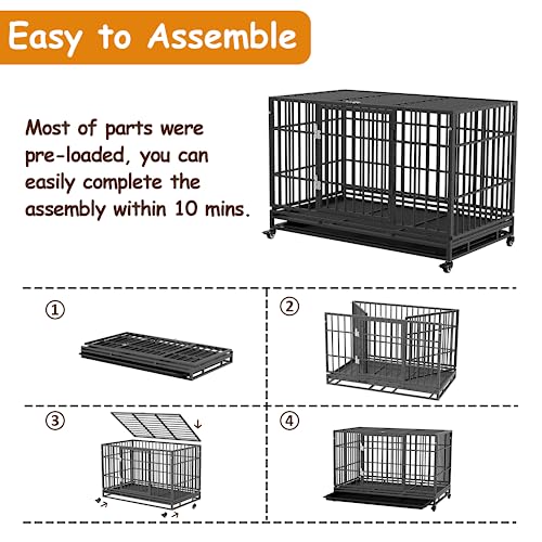  Tuanlove 48" Dog Crate Heavy Duty Indestructible Dog Crate, High Anxiety Dog Crate With Lockable Wheels Double Doors & Locks Design, Removable Tray Design, Upgraded (Silver)