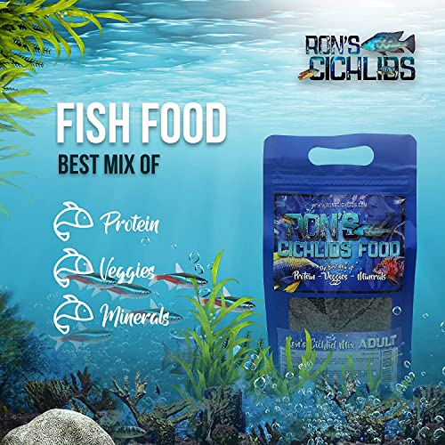  Ron's Cichlid Fish Food For African Cichlids, Tetras & Other Tropical Fish, Premium Food For Brighter Colors, Healthier Fish & Cleaner Tanks, Pellets Made With Real Shrimp & Natural Ingredients, 1 LB