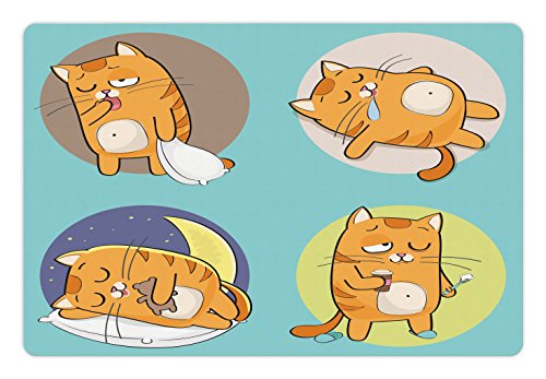  Lunarable Cat Pet Mat For Food And Water, Cartoon Cat In Various Poses Sleepy Lying Dreaming Expression Comic, Rectangle Non-Slip Rubber Mat For Dogs And Cats, Turquoise Apricot Grey