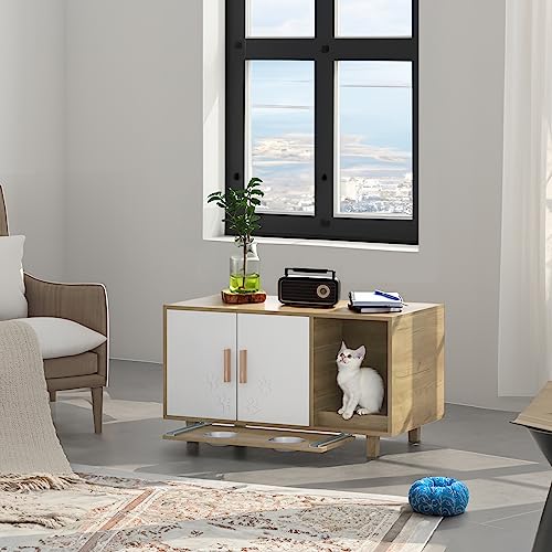  FEELLE Cat Litter Box Enclosure Houses With Food Bowls And Scratch Pad For Indoor Cats, Cat Washroom Hidden Litter Box Furniture Cabinet, Modern Cat Home, Table Nightstand Pet House