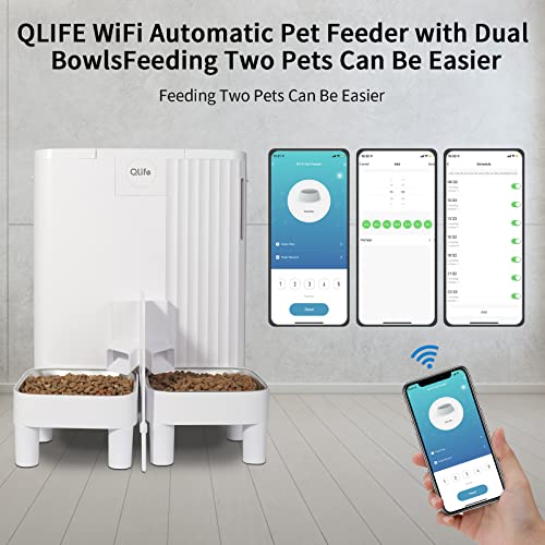  QLIFE Automatic Cat Dog Feeder: Dry Food Dispenser For Dog, Auto Pet Feeder, Portion Control Automatic Dog Feeder (White WiFi, 6L)