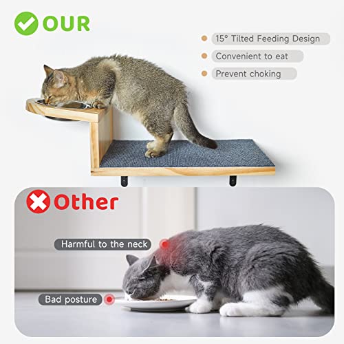  A.FATI Cat Wall Shelf, Wooden Cat Feeding Shelf With 2 Raised Bowls, 15° Tilted Feeding Position, Cat Shelves And Perches For Eating, Playing, Sleeping & Lounging