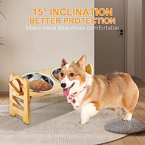  2 Pack Elevated Dog Cat Bowls, 6 Adjustable Heights Raised Dog Bowl For Small Dogs And Cats, 15° Tilted Bamboo Stand Pet Feeder, Dog Food Feeding Dishes Water Bowl With 2 Stainless Steel Bowls